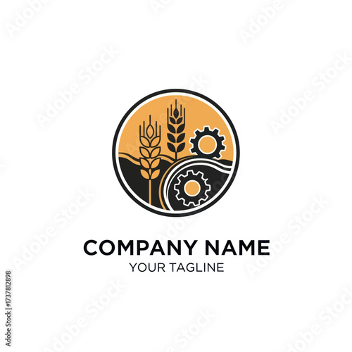 Agribusiness Logo Design: Modern Circular Emblem with Stylized Wheat and Industrial Gears, Representing Farm Technology and Food Processing., Flat Vector Elements, Vector Illustration, Simple Vector,