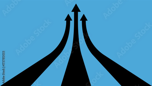A striking minimalist illustration showing three curved black arrows converging and moving upward towards a central point on a blue background, Symbolizes growth, direction, progress and success
