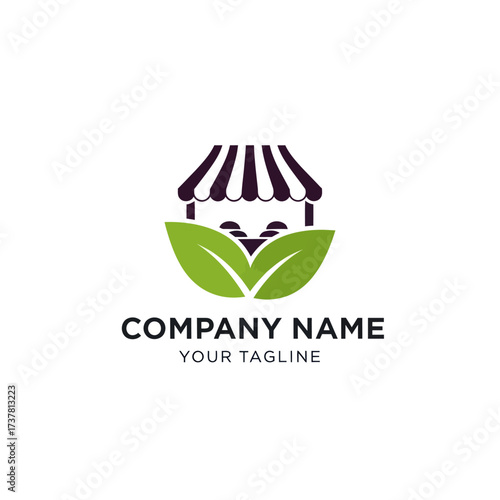 Modern Logo Design for Organic Food Market Featuring Green Leaves, Stylized Awning, and Placeholder Text on an Isolated White Background, Flat Vector Elements, Vector Illustration, Simple Vector,