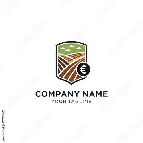 Modern shield logo for agricultural finance, farming, or European business, depicting stylized cultivated fields, green hills, clouds, and a Euro currency symbol, with placeholder text 'Company Name'