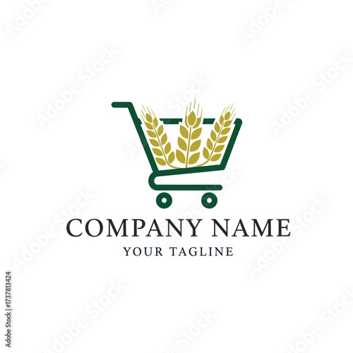 Modern Shopping Cart Logo with Golden Wheat Stalks, Ideal for Agriculture, Grocery, or Organic Food Brands on a Clean White Background, Flat Vector Elements, Vector Illustration, Simple Vector,