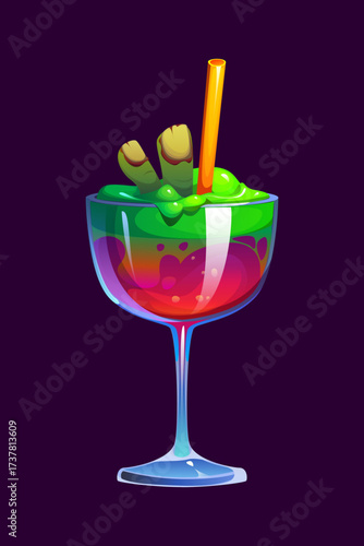 Halloween holiday cocktail with zombie fingers in acid, cartoon vector spooky drink. Halloween trick or treat party magic potion glass or cocktail elixir cup with dead zombie fingers and rotten nails