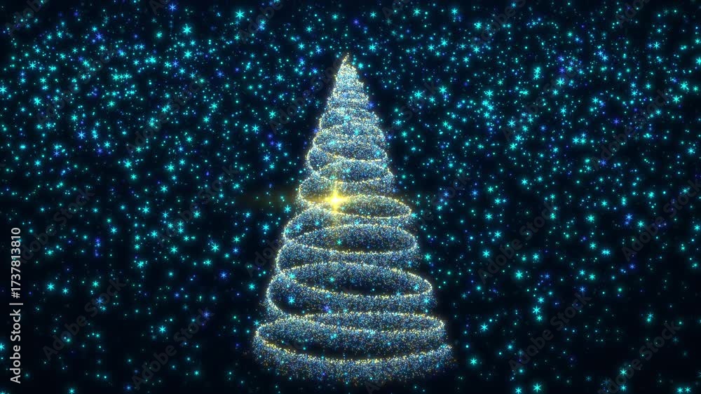 New Year's animation. Christmas tree. Sparkling glowing Christmas tree made of light spiral and particles with star on top in dark night. Christmas Tree background.