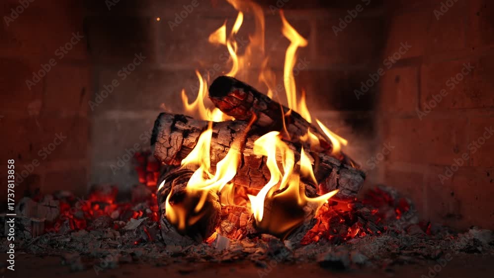 Cozy fireplace with burning flames and glowing wooden logs, creating a ...