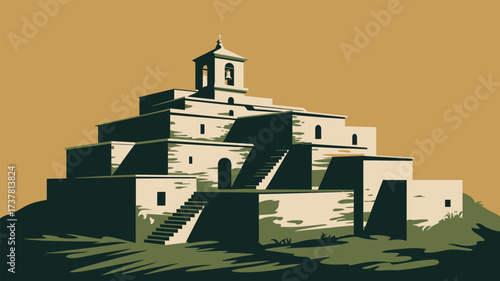 Illustration of a multi tiered building with a bell tower on a hill under a tan colored sky