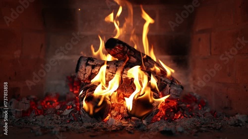 Cozy fireplace with burning flames and glowing wooden logs, creating a warm and relaxing atmosphere indoors