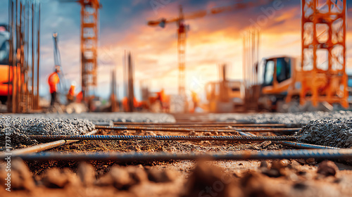Wallpaper Mural A construction site at sunset, showcasing machinery and workers in action, emphasizing urban development and progress. Torontodigital.ca