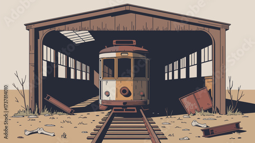 An illustration of a trolley car inside of a dilapidated building with tracks and bones visible outside