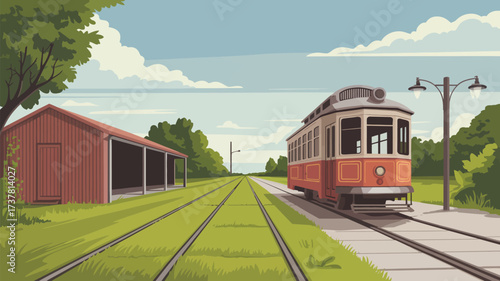 A vintage trolley car on tracks near a red barn with trees and a blue sky with white clouds above it all