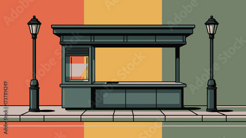 A cartoon illustration of a newspaper stand flanked by two lampposts against a colorful background