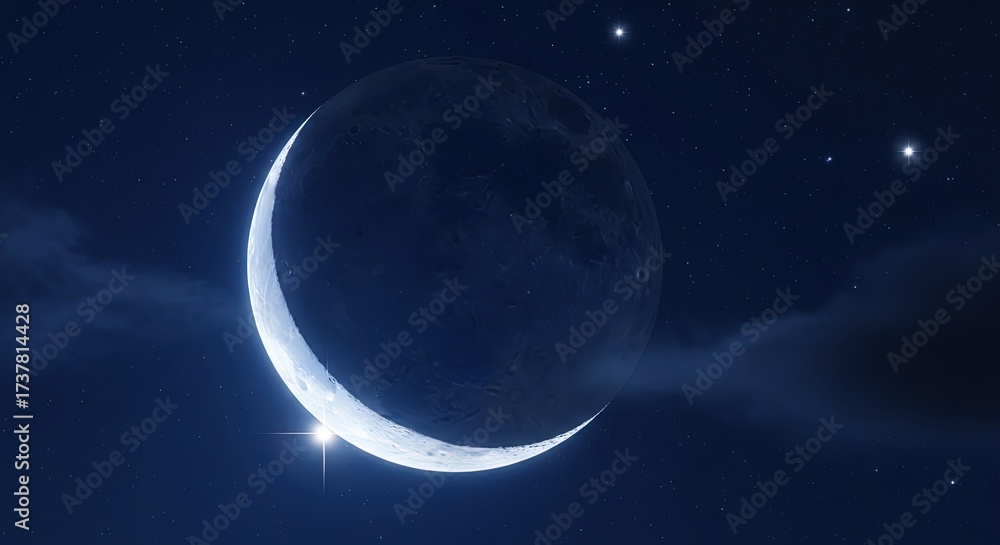 Fototapeta premium Crescent moon shining in a starry night sky for Ramadan celebration 