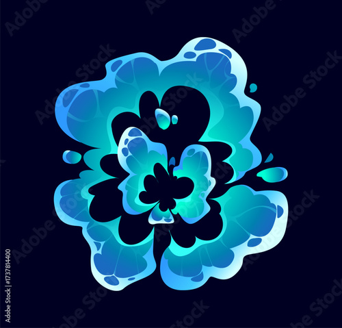 Cartoon water splash and flowing effect with smooth curves, droplets and fluid motion. Playful blue splatter showing movement and energy. Vector fun liquid boom, gui comic dynamic aquatic explosion