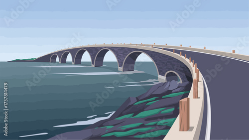 Illustration of a long stone bridge stretching over water with a road on top under a blue sky