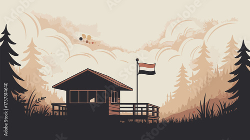 A cabin with a yemeni flag waving in a forest landscape with a cloudy sky in a cartoon style