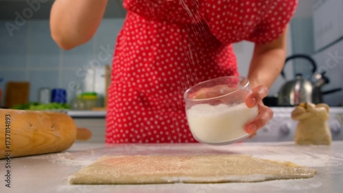 Pastry chef woman sprinkling sugar over fresh dough on kitchen cooking dessert. Create delicious healthy food pastry. Cuisine culinary prepare homemade cook domestic meal baking recipe ingredients.