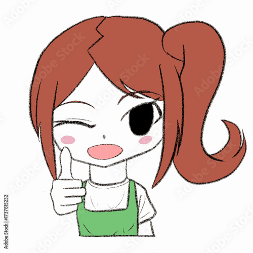 親指を立てているエプロンを着た女の子