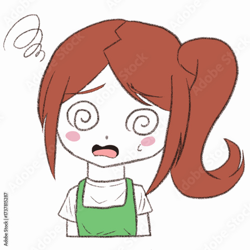 混乱しているエプロンを着た女の子