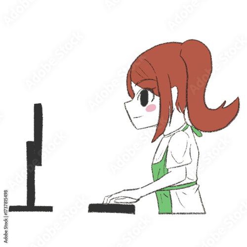 パソコンを操作しているエプロンを着た女の子