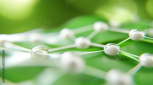 Close-up of molecular structure on green leaf, showcasing droplets and connections, symbolizing nature and innovation.