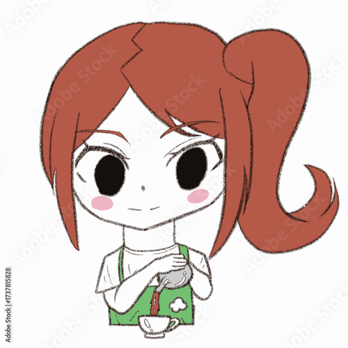 温かいお茶を注いでいるエプロンを着た女の子