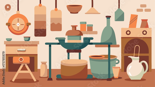 A pottery studio complete with pottery wheels tools and kilns for individuals to create and paint their own ceramics.
