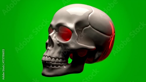A stylized skull with glowing eyes slowly turning its head, isolated on green screen element, ancient, composite
