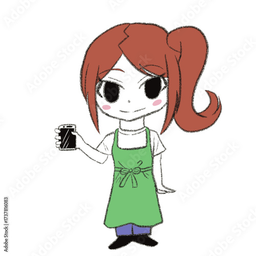 スマホを持っているエプロンを着た女の子