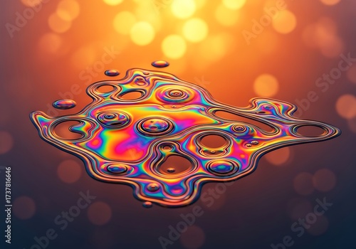 Iridescent Liquid Spill - Abstract Art with Rainbow Reflections and Bokeh.