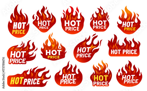 Hot price deal promotion fire flame labels. Isolated vector emblems, stickers, badges, tags or icons with burning blaze tongues. Special offer promo set for discounted items, retail or clearance sale