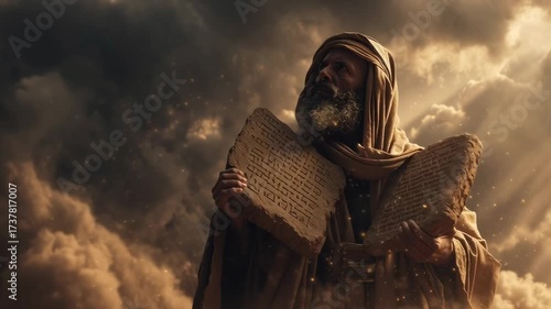 Old man moses with beard holding two stone tablets with text, biblical law and ancient covenant footage