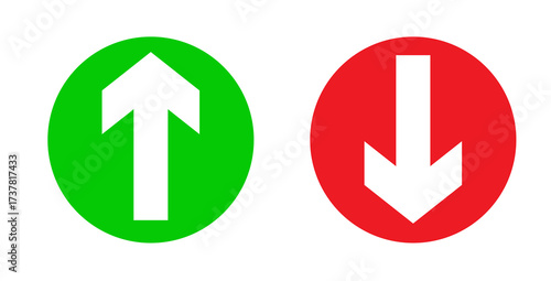 Simple up and down arrows. Upward, downward arrows in green and red isolated on white background, set of two. 
