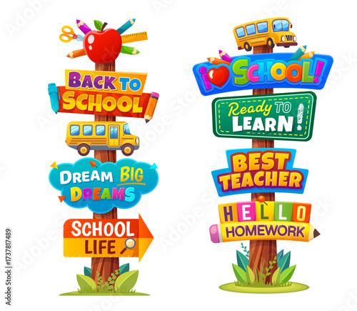 School sign boards or signboard signage for education and study, cartoon vector. Back to school signboard or signpost board with direction arrows to school bus, student stationery, and learning quotes