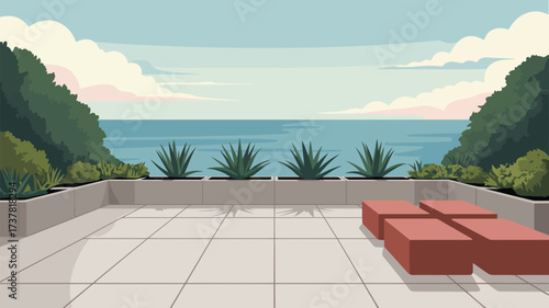 A cartoon illustration of a patio overlooking the ocean with plants and seating area on a sunny day