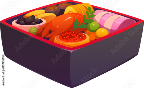 Traditional Japanese new year bento box osechi ryori, featuring neatly arranged festive foods like shrimp, black beans, rolled omelette, fish roe, and sweet vegetables in a lacquered square container