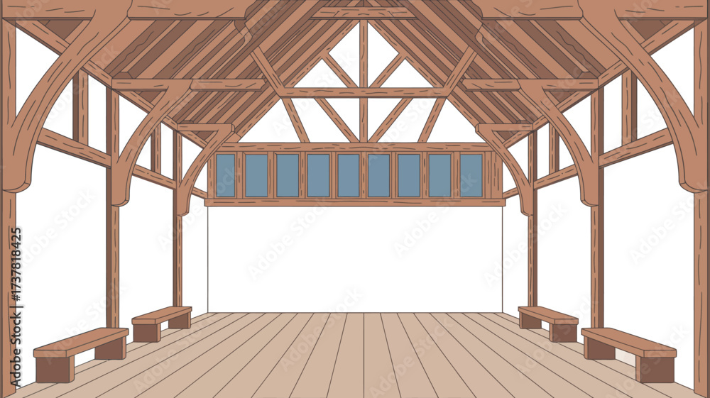 Obraz premium Illustration of a wooden structure with benches and a window panel above the open space area inside