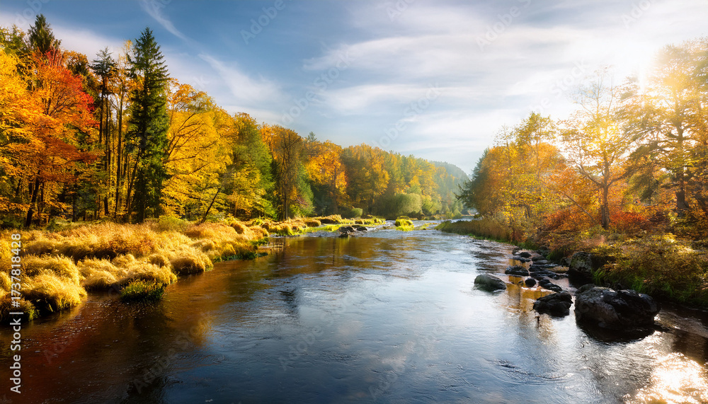 Obraz premium Autumn At The Forest River In Sunny Day