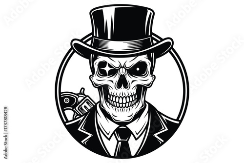 Vector art of a monochrome illustration of a skull wearing a top hat and suit this design evokes a sense of mystery, danger, and oldschool gangster style