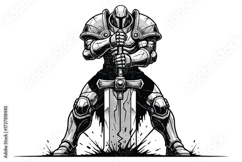 Vector art of a powerful knight in full armor holding a greatsword this illustration captures the strength and determination of a medieval warrior