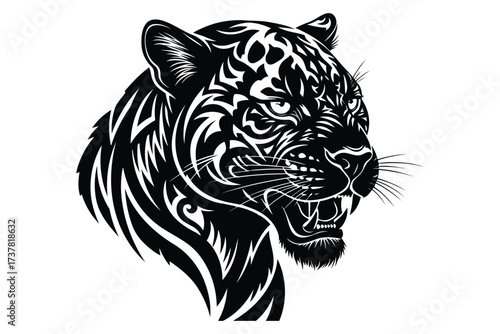 Vector art of roaring jaguar head illustration, showcasing intricate tribal patterns and sharp teeth, embodying strength and ferocity in a striking design