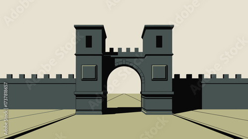 A stylized illustration of a castle gate with towers and a wall on a light tan background scene view