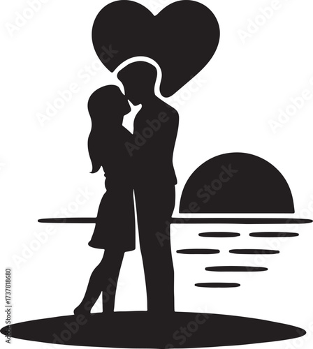 Romantic couple on beach with sunset heart, perfect for love, Valentine’s, and romantic moments.