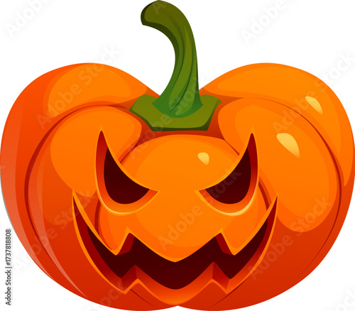 Cartoon Halloween pumpkin face, evil smiling jack lantern character. Vector carved scary lantern for autumn holidays. Isolated grinning orange gourd. Traditional creepy decor for Halloween party night
