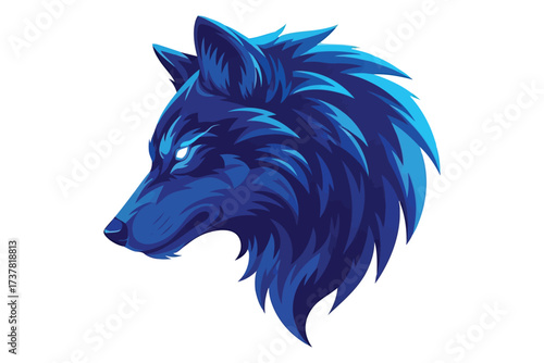 Vector art of a captivating blue wolf head illustration, showcasing its piercing gaze and intricate fur details, perfect for logos, branding, and artistic designs