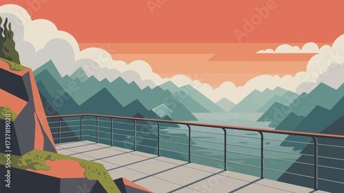 A scenic view of mountains and water from a balcony with a railing under a cloudy orange sky above them all
