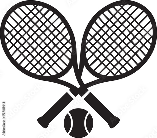 Black silhouette of two crossed tennis rackets and ball