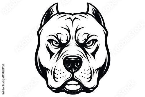 Vector art of a fierce pitbull head with a determined expression, , showcasing its muscular build and powerful presence in a striking black and white design