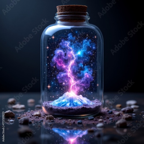 A stunning display of cosmic energy in a glass jar with a glowing mountain structure