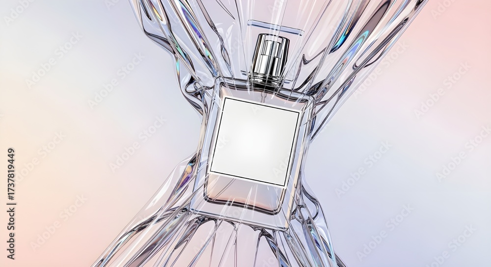Obraz premium Luxury square perfume bottle with blank label wrapped in crystal-clear plastic for branding design and cosmetic product advertising mockup