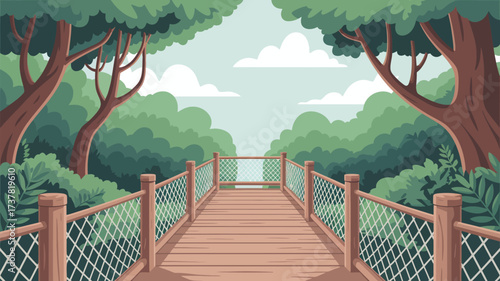 A wooden bridge with rope railings leading into a forest under a cloudy sky illustration art