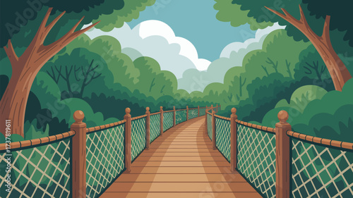 A wooden bridge with a net railing leading into a lush green forest under a cloudy blue sky view